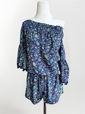 Anthropology RAGA Blue Floral Boho Romper Off Shoulder Pom Pom Trim Size S